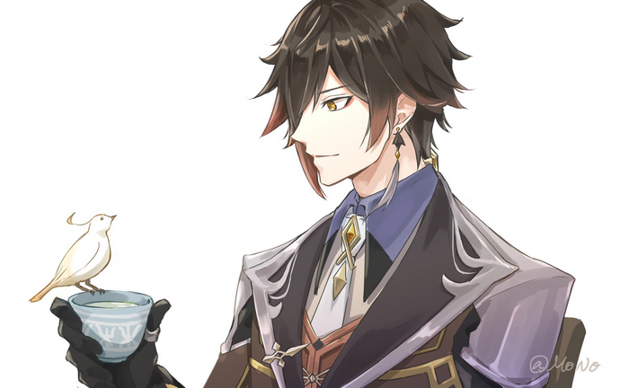 Zhongli from Genshin Impact with a bird and tea