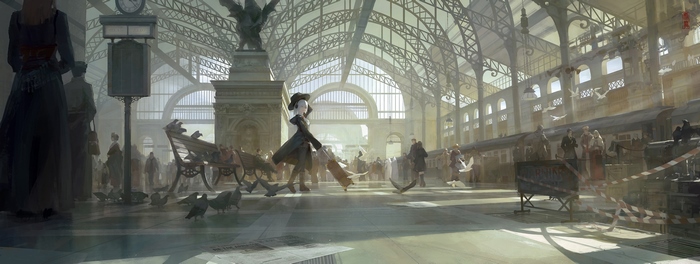 Girl in a train station with pigeons