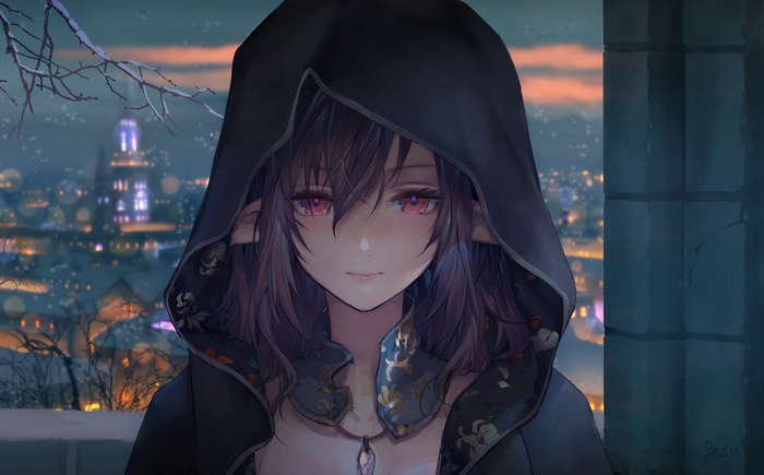 Fantasy Elf Girl in Hooded Cloak Overlooking City