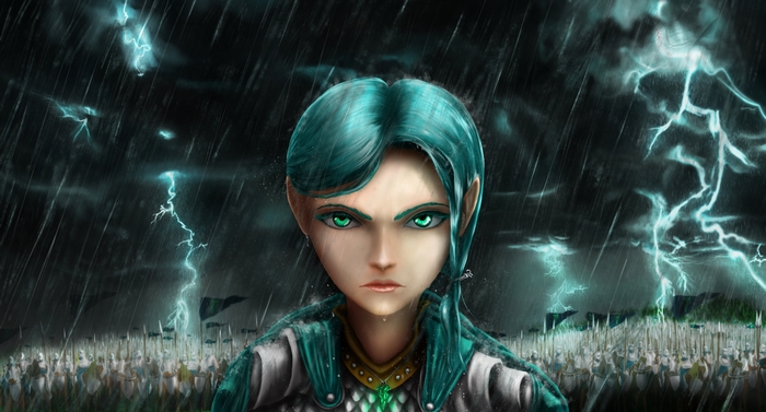 Woman with teal hair and green eyes in front of an army during a storm