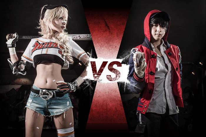Two female fighters from HeroWarz in a VS pose