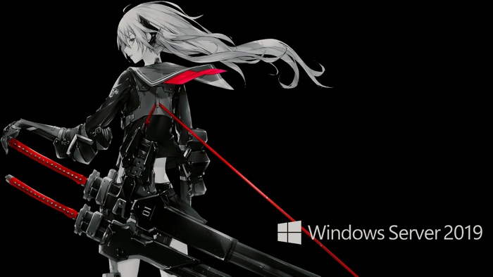 Anime Girl with Swords and Windows Server 2019 Logo