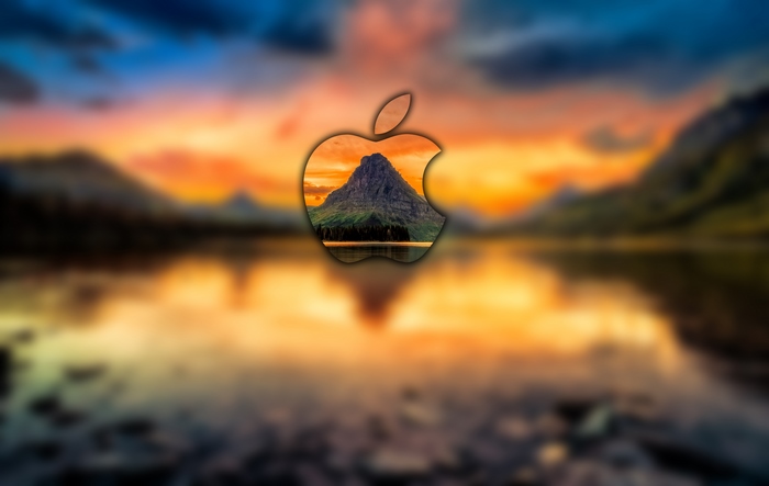 Apple logo with mountain and lake sunset