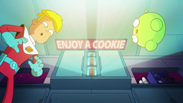 Gary Goodspeed and Mooncake from Final Space with a cookie dispenser