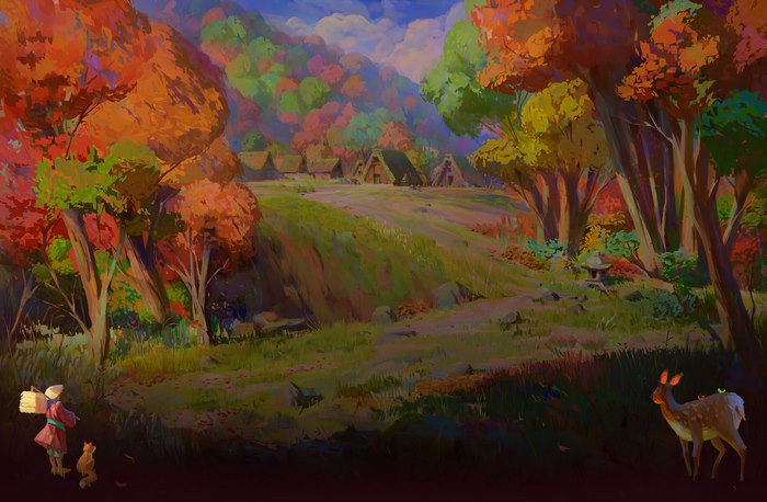 Autumn Village with Deer and Girl