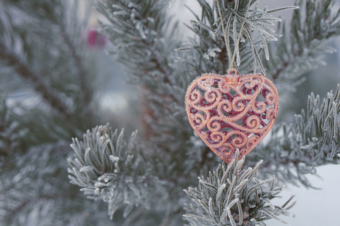 Frosted Christmas tree ornament in the shape of a heart