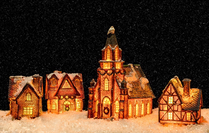 Christmas village houses in snow