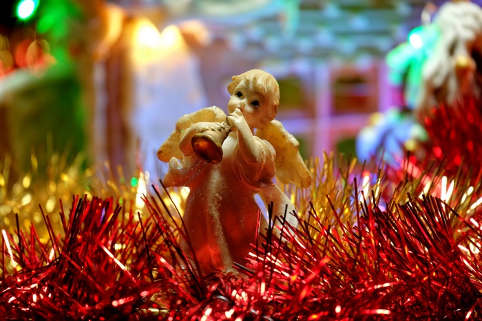 Christmas Angel Figurine with Trumpet and Tinsel