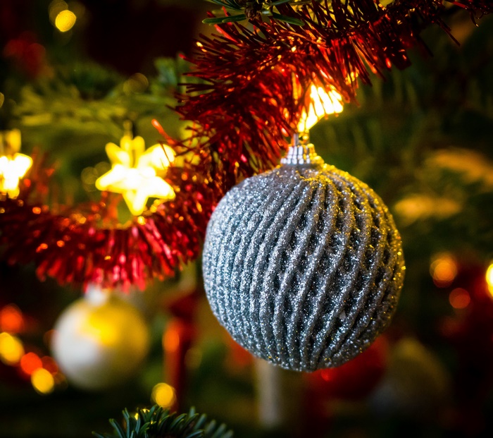 Christmas ornaments and lights on a tree