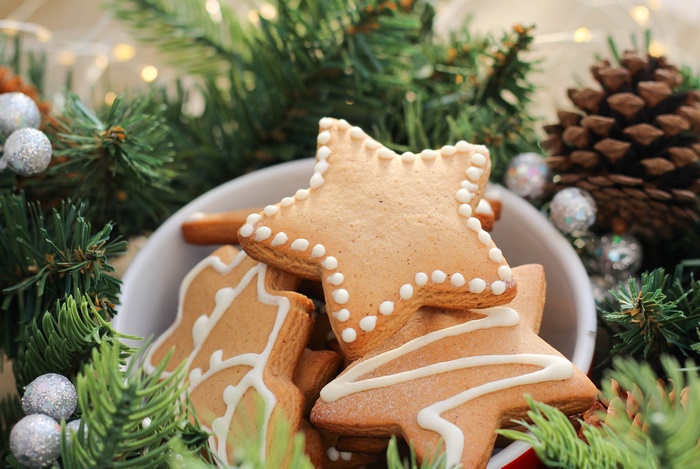 Christmas cookies with pine branches and lights