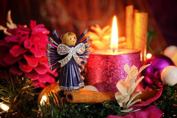 Christmas Angel with Candle and Ornaments