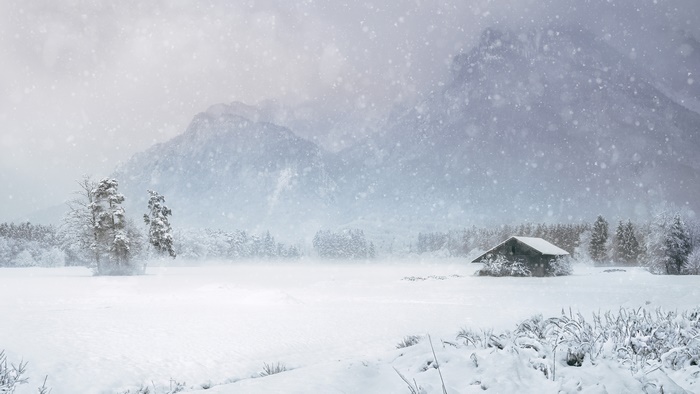 Photography Winter 4K Mountain Snowfall Hut