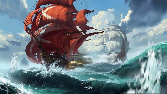 Fantasy ships sailing on stormy seas