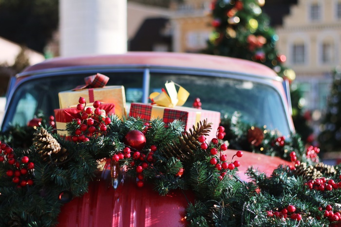 Christmas Car Decorated with Gifts and Ornaments