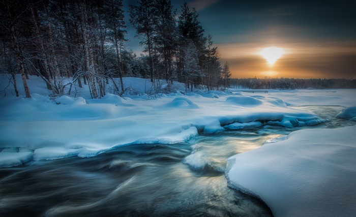 Winter River at Sunset with Pine Trees 4K
