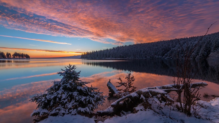 Sunset over a snowy lake with a forest reflection