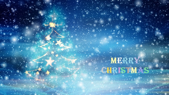 Merry Christmas text with a glowing Christmas tree