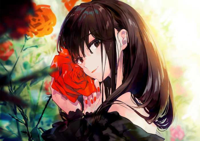 Girl with Black Hair Holding a Red Rose