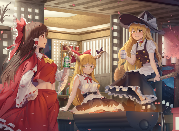 Touhou: Reimu, Marisa, and Suika drinking