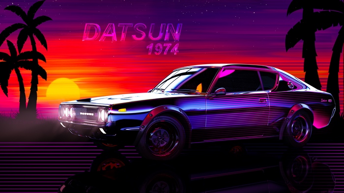 Datsun 1974 Retro Car on Sunset Beach