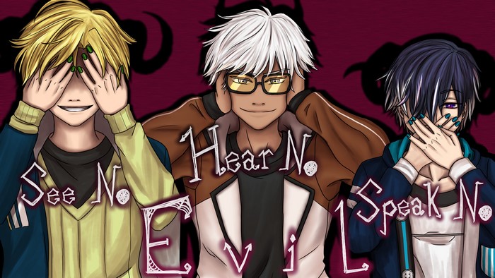 Obey Me! Shall We Date? Three characters covering eyes, ears, and mouth