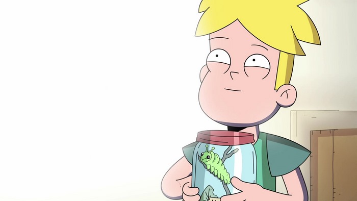 Gary Goodspeed holding a jar with a caterpillar from Final Space