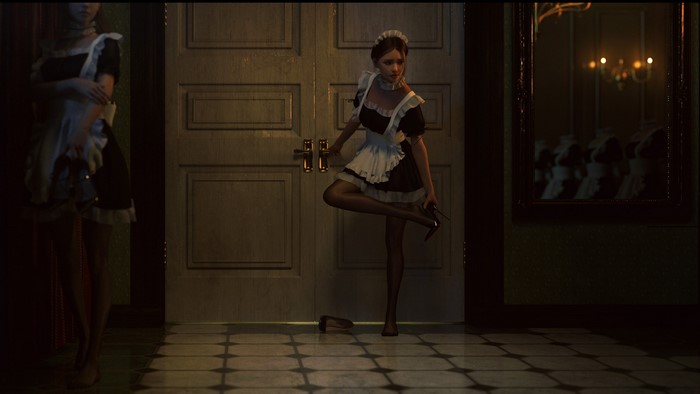 Maid outfit women in a hallway