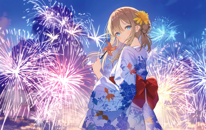 Girl in Yukata with Fireworks