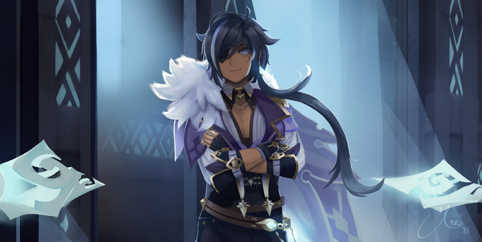 Kaeya from Genshin Impact standing with arms crossed