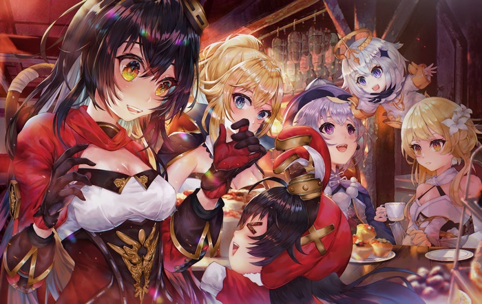 Amber, Paimon, Lumine, Qiqi, and Jean from Genshin Impact
