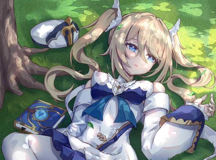 Barbara from Genshin Impact lying on grass