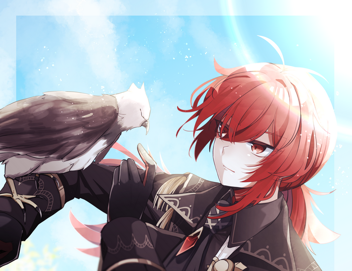 Diluc from Genshin Impact with a bird