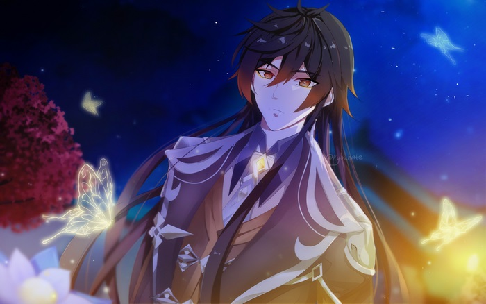 Zhongli from Genshin Impact with glowing butterflies