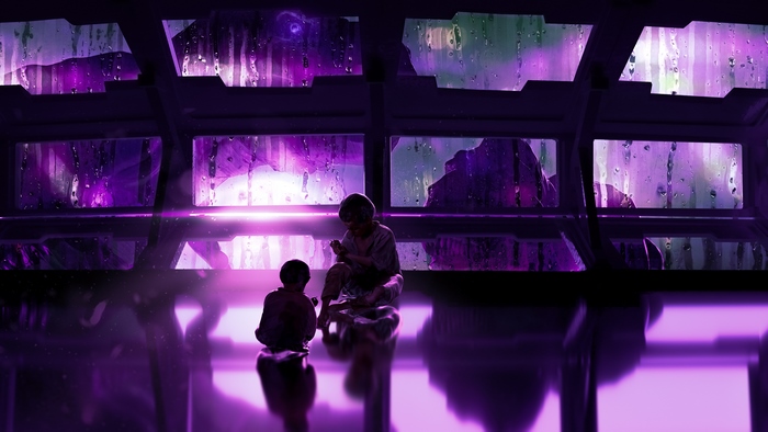 Two children sitting in a futuristic room with purple lighting