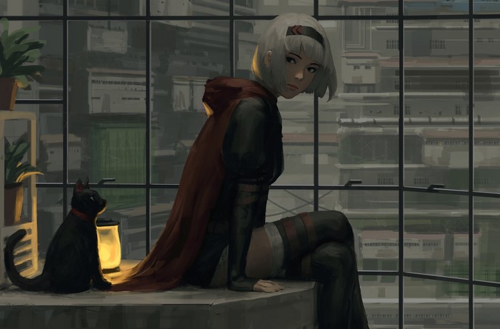 Girl with red cape and black cat by window