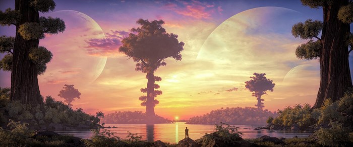 Alien landscape with giant trees and moons at sunset