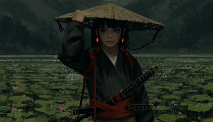 Ronin with Katana in a Lotus Pond