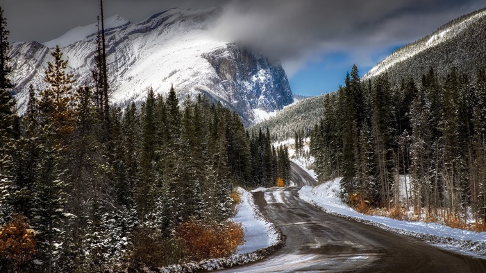 Winter Road Through Snowy Mountains and Forest 4K