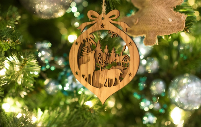 Wooden Christmas Ornament with Deer and House