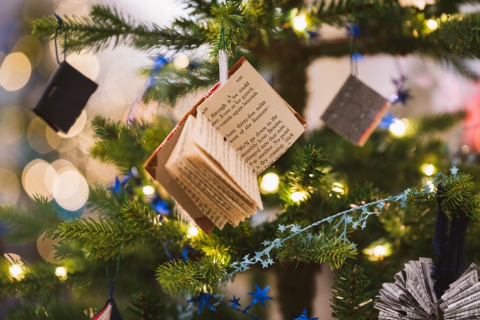 Book ornaments on a Christmas tree