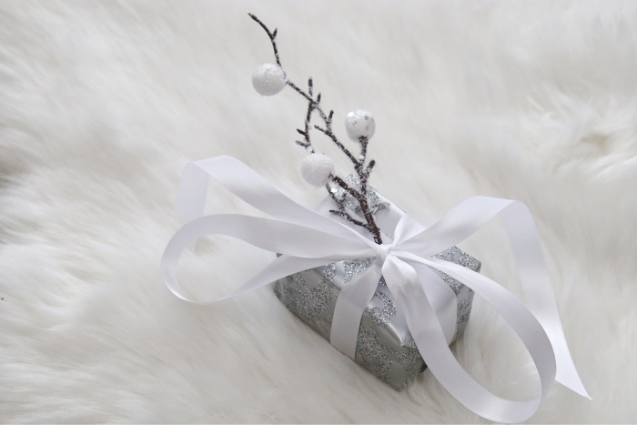 Silver gift with white ribbon and branch