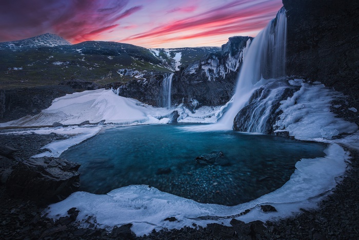 Waterfall in Iceland at Sunset with Ice