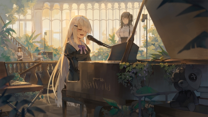 Girl with white hair singing and playing piano