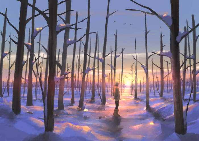 Girl in snowy forest at sunset