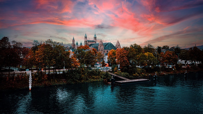 Castle with Pier during Sunset in Fall