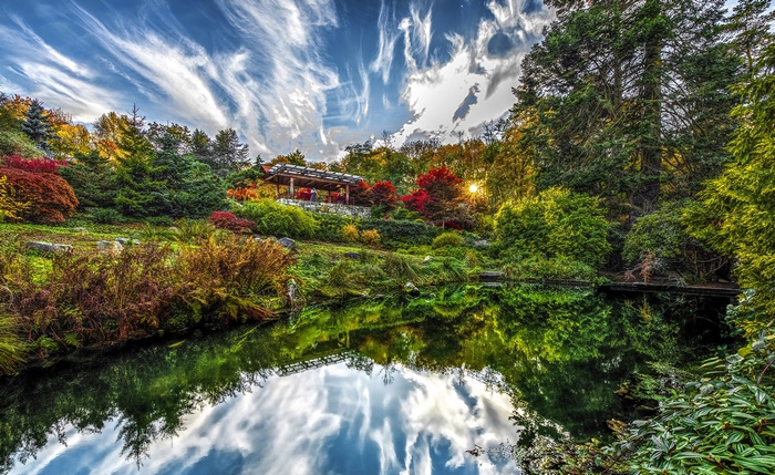 Autumn garden with pond and pavilion