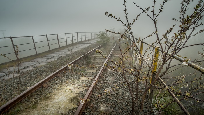 Abandoned Railroad Bridge in Fog