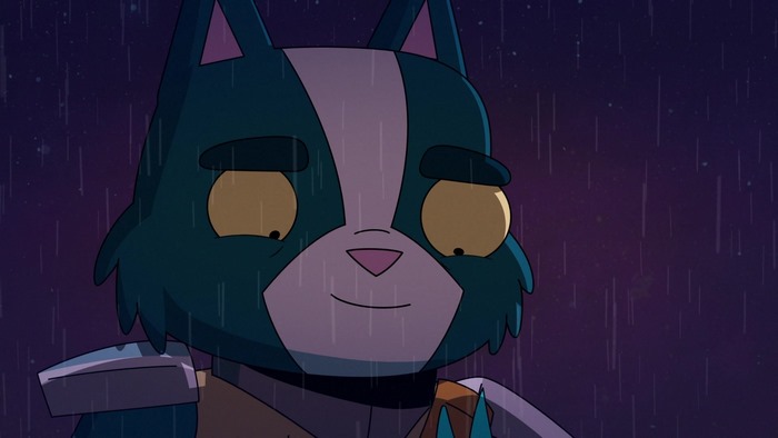 Avocato from Final Space smiling in the rain