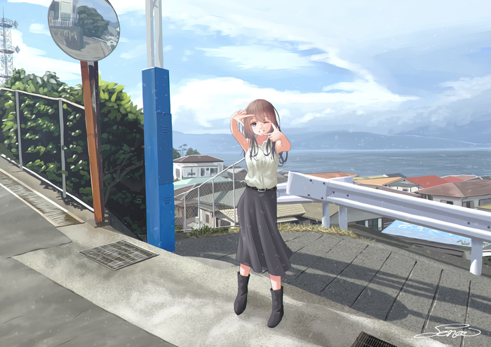 Anime girl posing on a hill overlooking a town and ocean