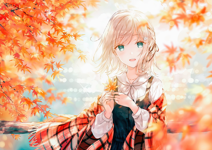 Anime girl with blonde hair holding a maple leaf